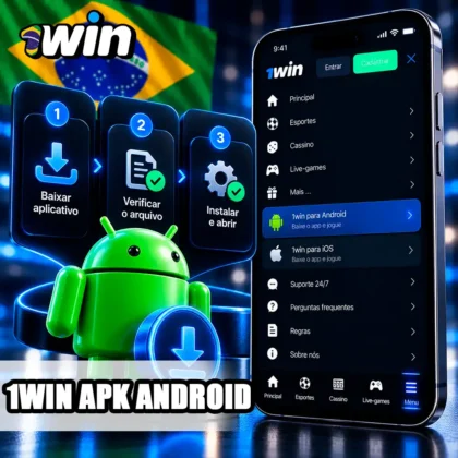 Tela Android da 1win com símbolo APK e indicador de etapas para verificar o arquivo.