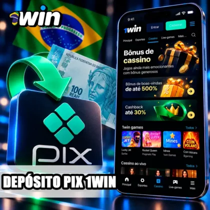 Interface da 1win no celular com Pix e seta ilustrativa de transferência em reais.