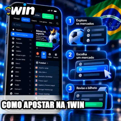 Interface da 1win no celular com esquema de três etapas para analisar um cupão esportivo.