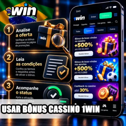 Tela de bônus da 1win com esquema de três etapas para analisar as condições da oferta.