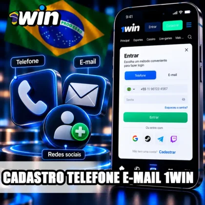 Tela de acesso da 1win com telefone, e-mail e ícones de contas sociais disponíveis.