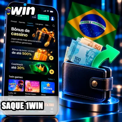 Celular com a 1win, carteira digital e símbolos de retirada e transferência em reais.