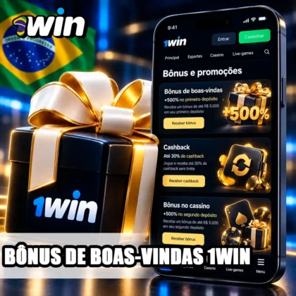 Página de bônus da 1win no celular com ofertas originais e caixa de presente em destaque.