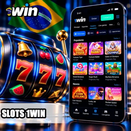Catálogo de slots da 1win com jogos conhecidos e rolo de caça-níquel em destaque.