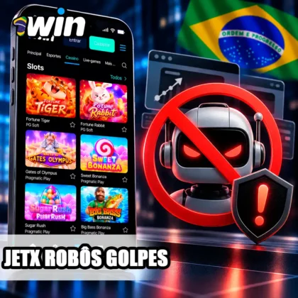 Tela da 1win com robô riscado e alerta sobre golpes envolvendo sinais de JetX.