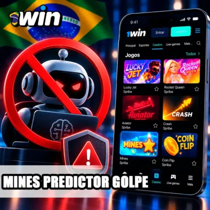 Mines Classic no celular com robô riscado e alerta contra falsos sinais de previsão.