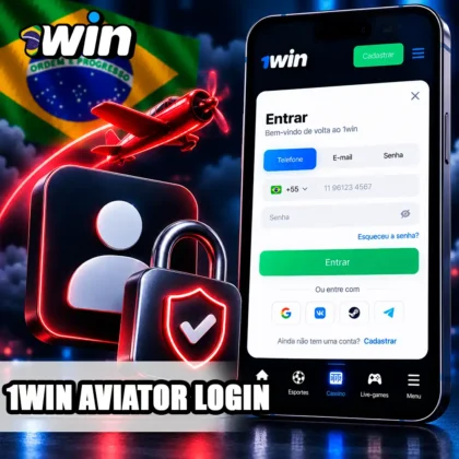 Login da 1win no celular com avião do Aviator e símbolo de acesso à conta.