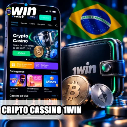 Página inicial da 1win com banner Crypto Casino e símbolo de carteira de criptomoedas.