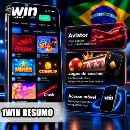 Catálogo da 1win no celular com Aviator e cartão resumido dos recursos da plataforma.